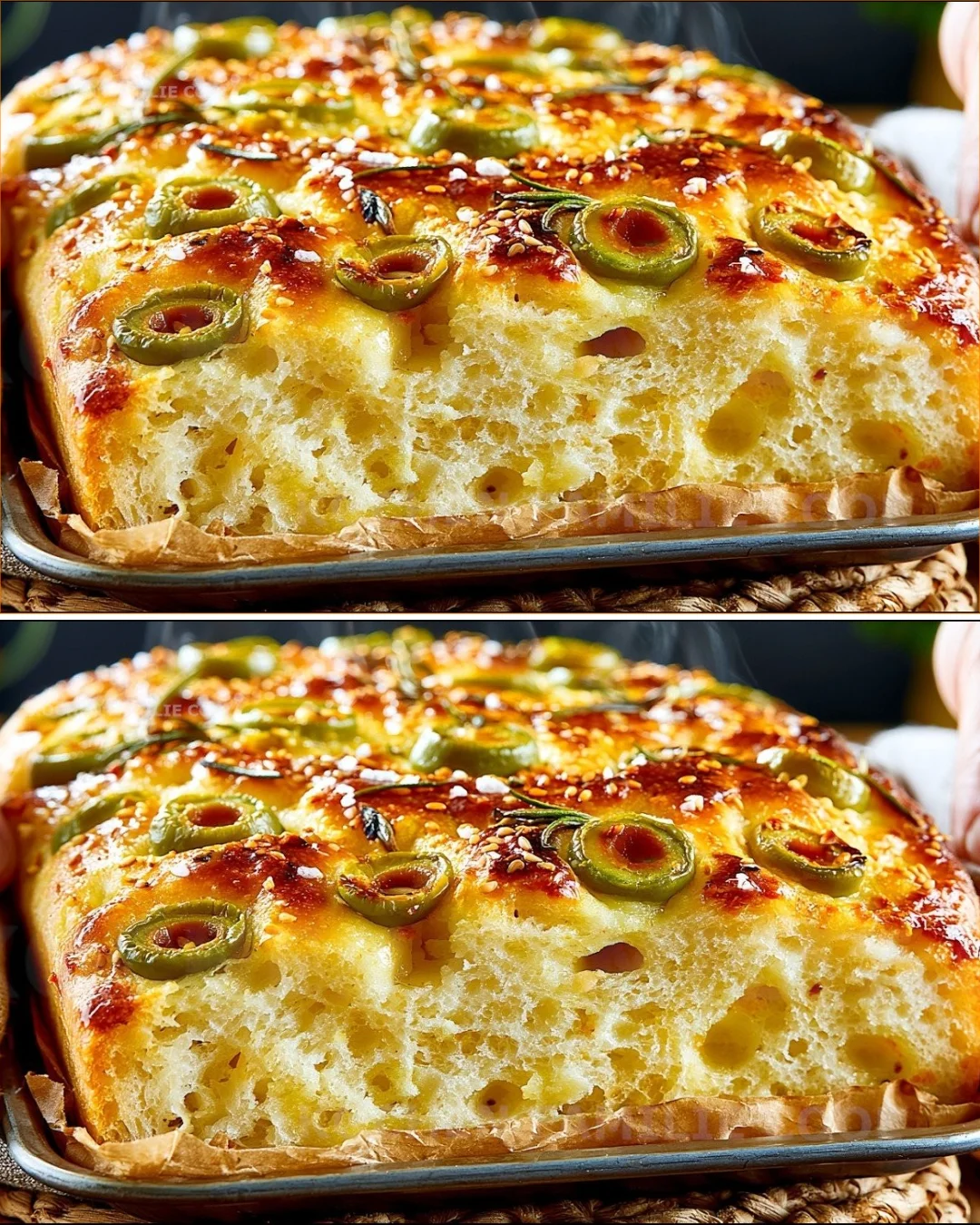 Freshly baked Lentil Focaccia with olives, perfect for weeknight meals.