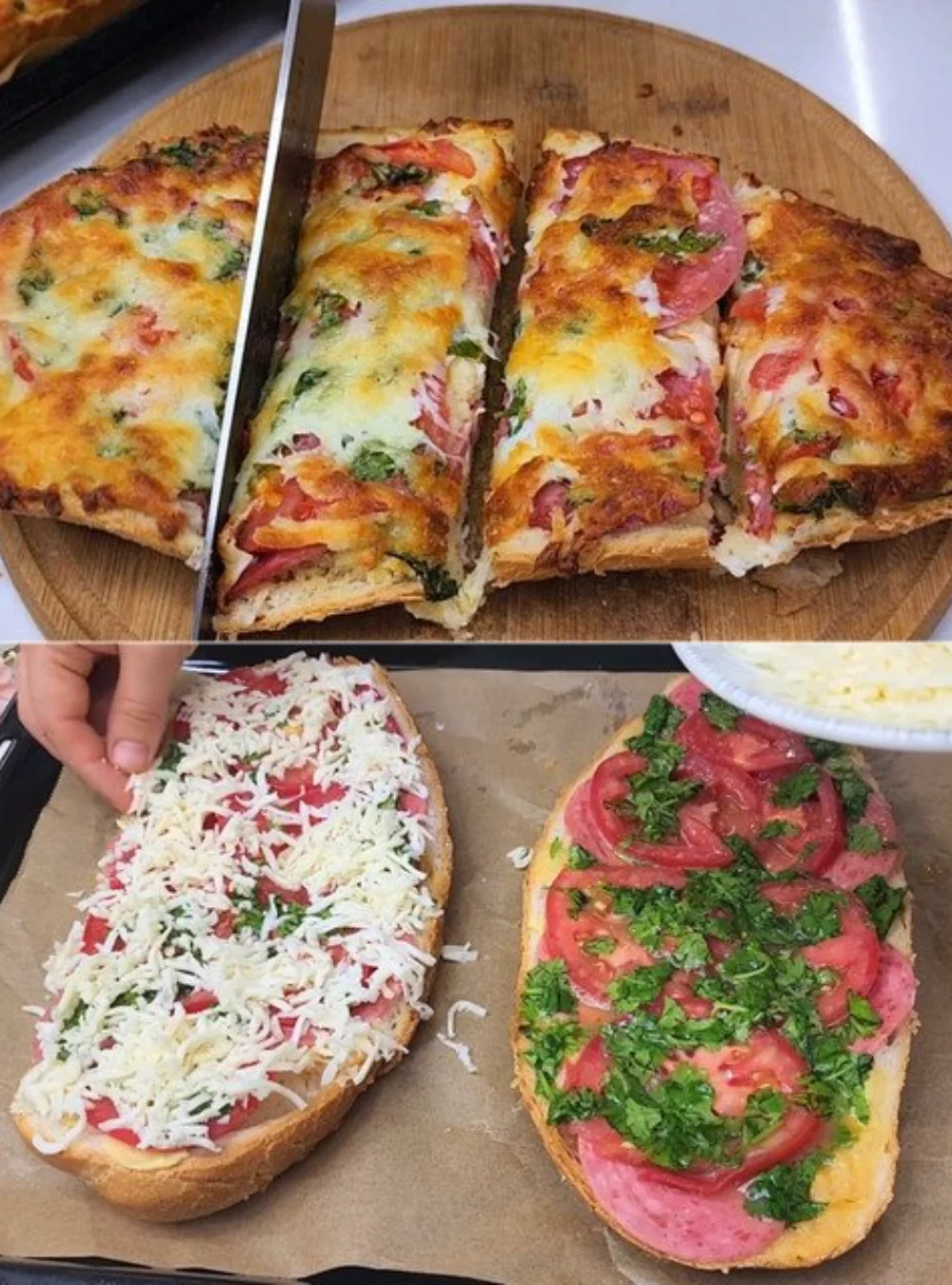 Loaded Italian Loaf with Salami and fresh ingredients on a wooden table