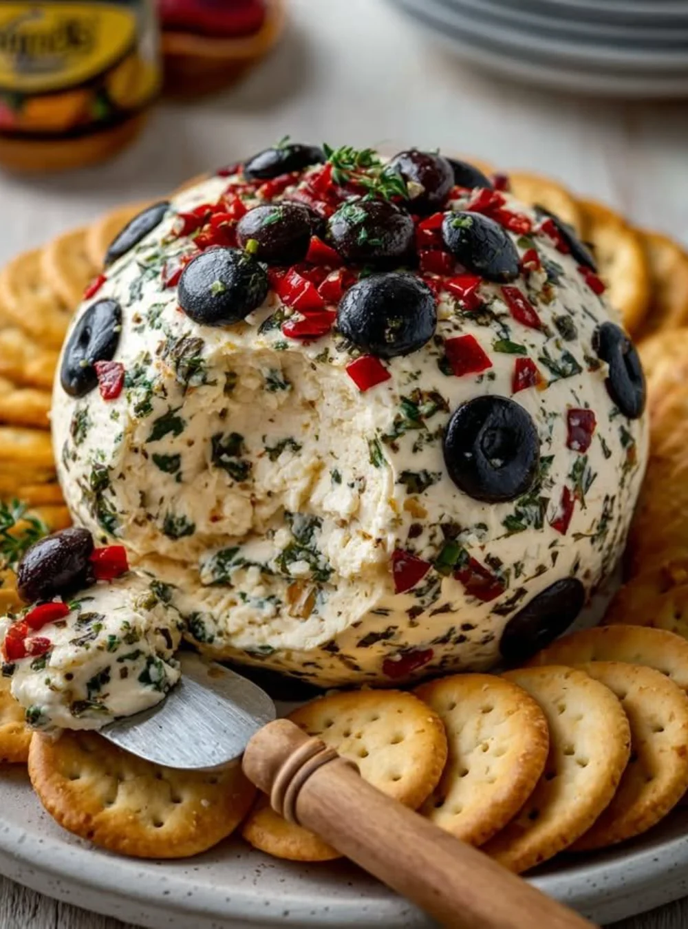 Creamy Olive Cheese Ball appetizer for summer gatherings