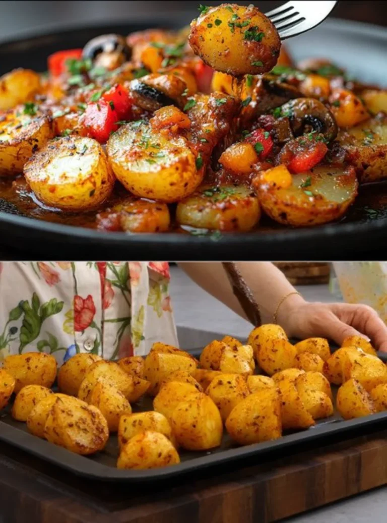 One pot bell pepper ragout with mushrooms and potatoes in a rustic dish