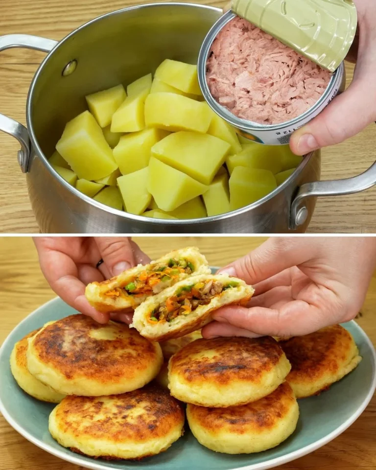 Potato and tuna stuffed schnitzel on a plate with garnish