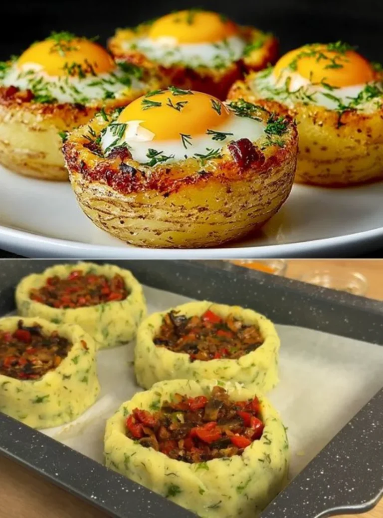 Delicious Potato Nest dish topped with cheese and herbs.
