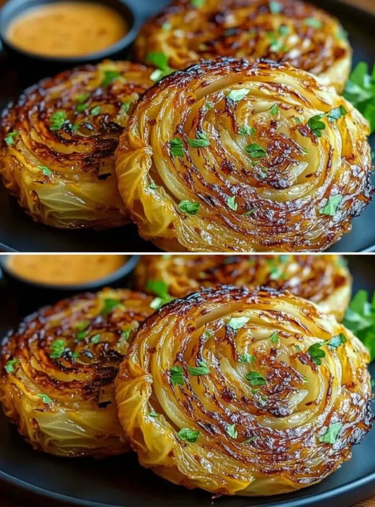 Flavorful roasted cabbage steaks served on a plate with seasoning.