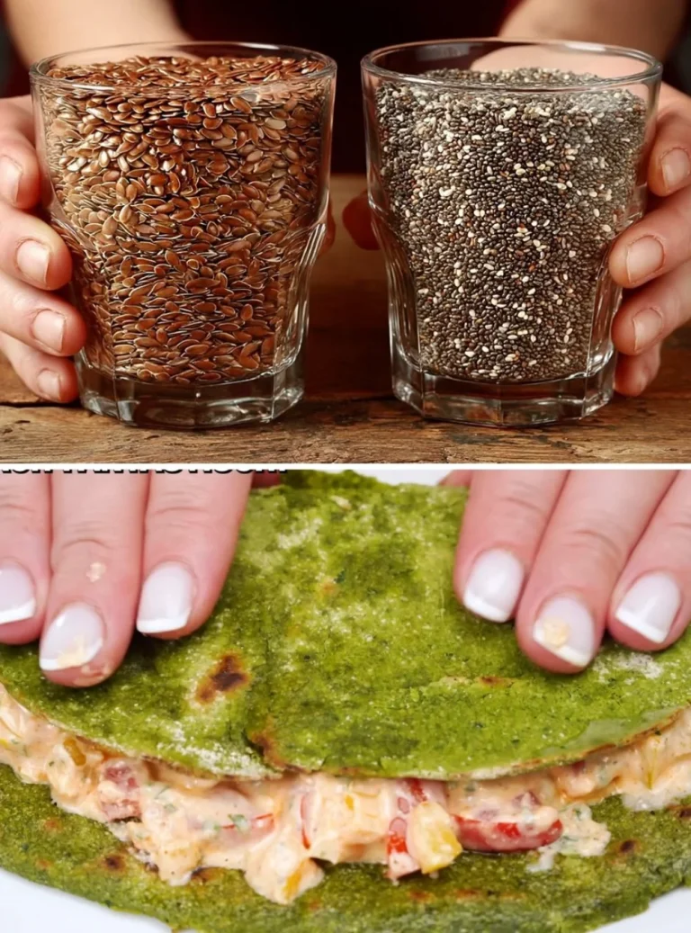 Delicious seed pancakes served with spinach flatbreads on a plate.