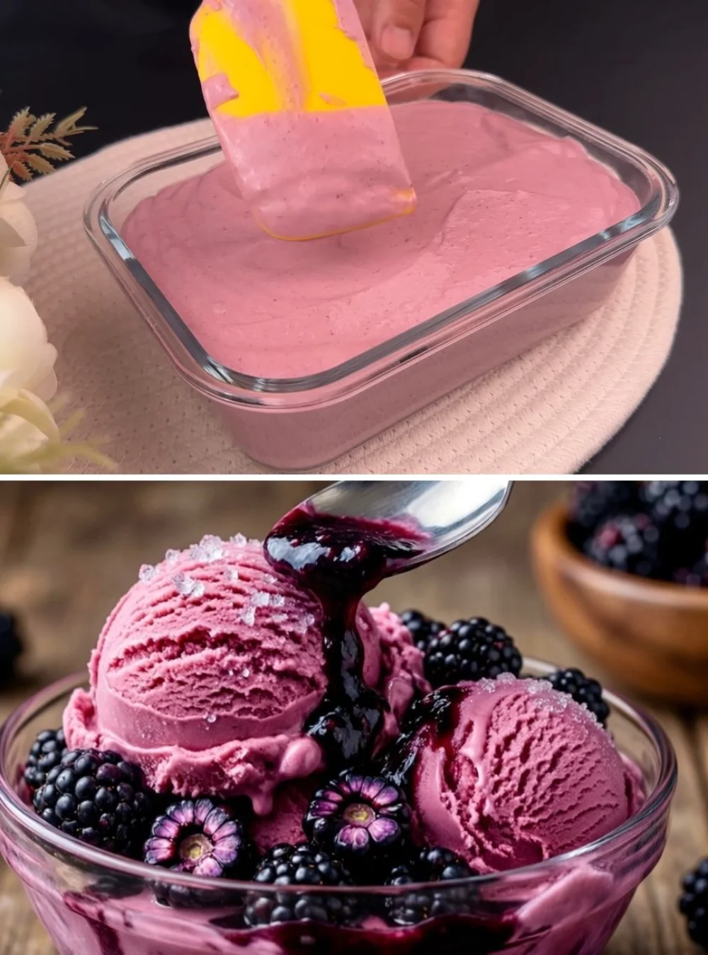 Homemade blackberry ice cream in a bowl with fresh blackberries