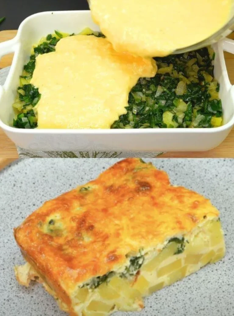 Spinach and Potato Bake served in a casserole dish, garnished with herbs.