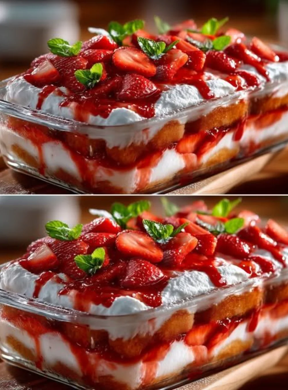 No-bake strawberry tiramisu dessert with layers of strawberries and cream