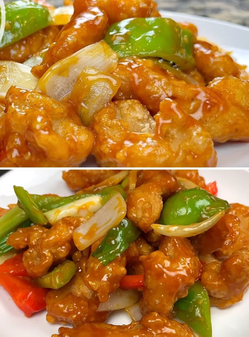 Delicious sweet and sour chicken served with colorful vegetables and rice