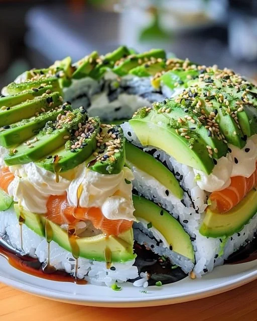 Avocado Sushi Cake topped with fresh salmon and colorful vegetables.