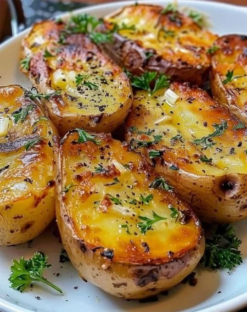 Baked potatoes topped with garlic and butter, served as a delicious side dish.