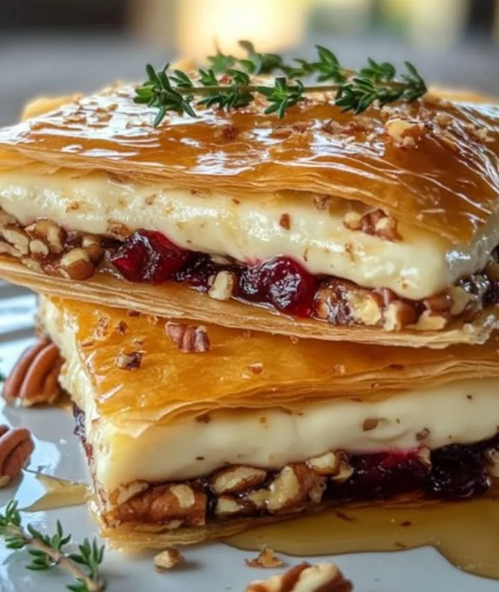 Brie, cranberry sauce, and pecans layered phyllo pastry on a rustic table