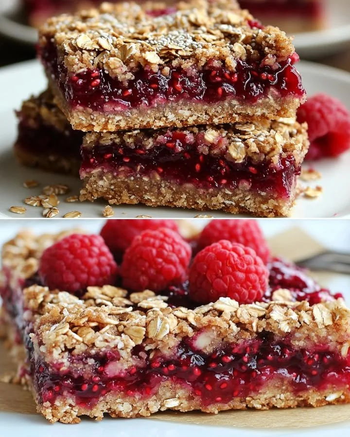 Chia seed raspberry jam bars stacked on a plate with a fresh raspberry garnish
