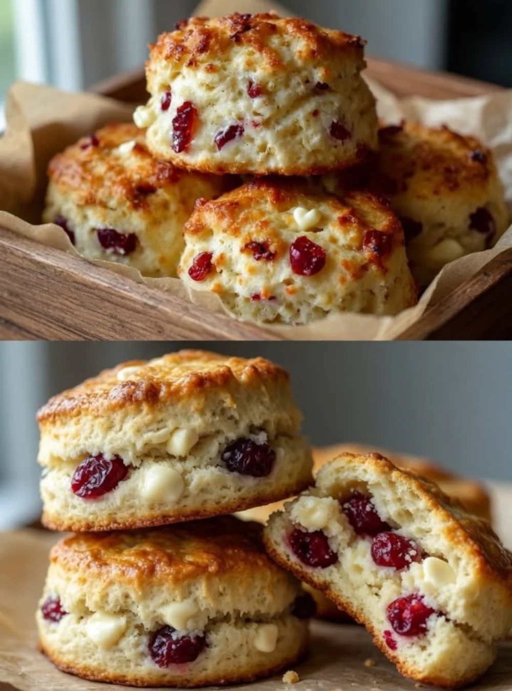 Freshly baked Cranberry Orange Scones on a rustic table for brunch