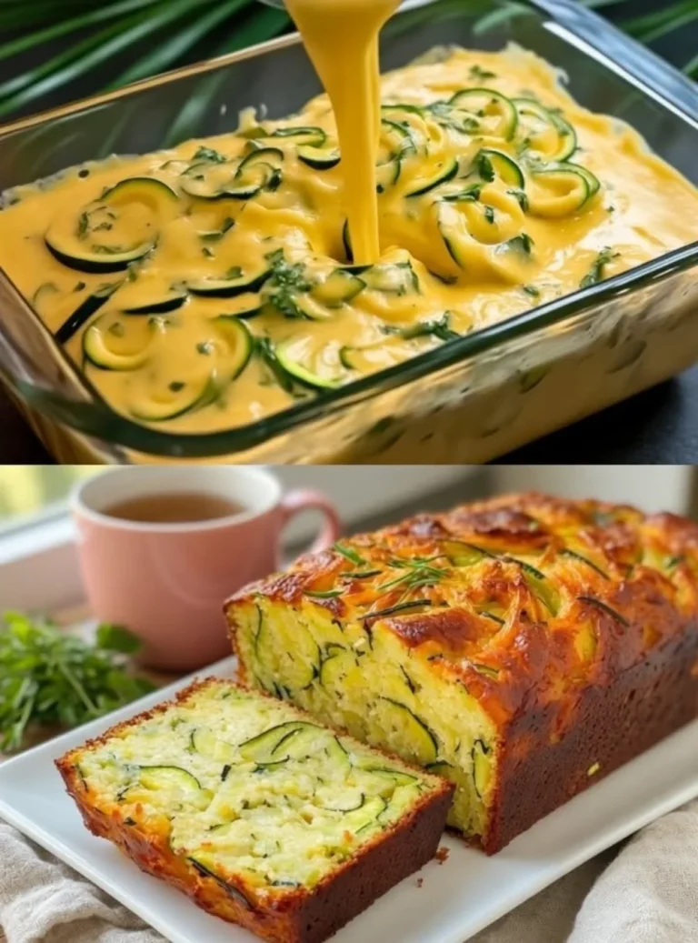 Slice of creamy zucchini pie garnished with fresh herbs on a plate.