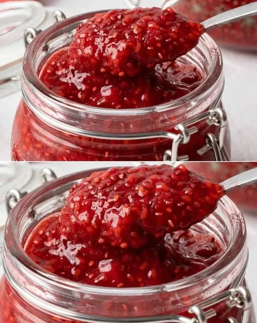 Homemade raspberry chia seed jam ready to serve in a jar.