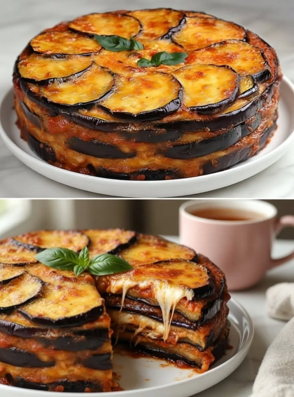Delicious slice of unique eggplant cake garnished with fresh ingredients