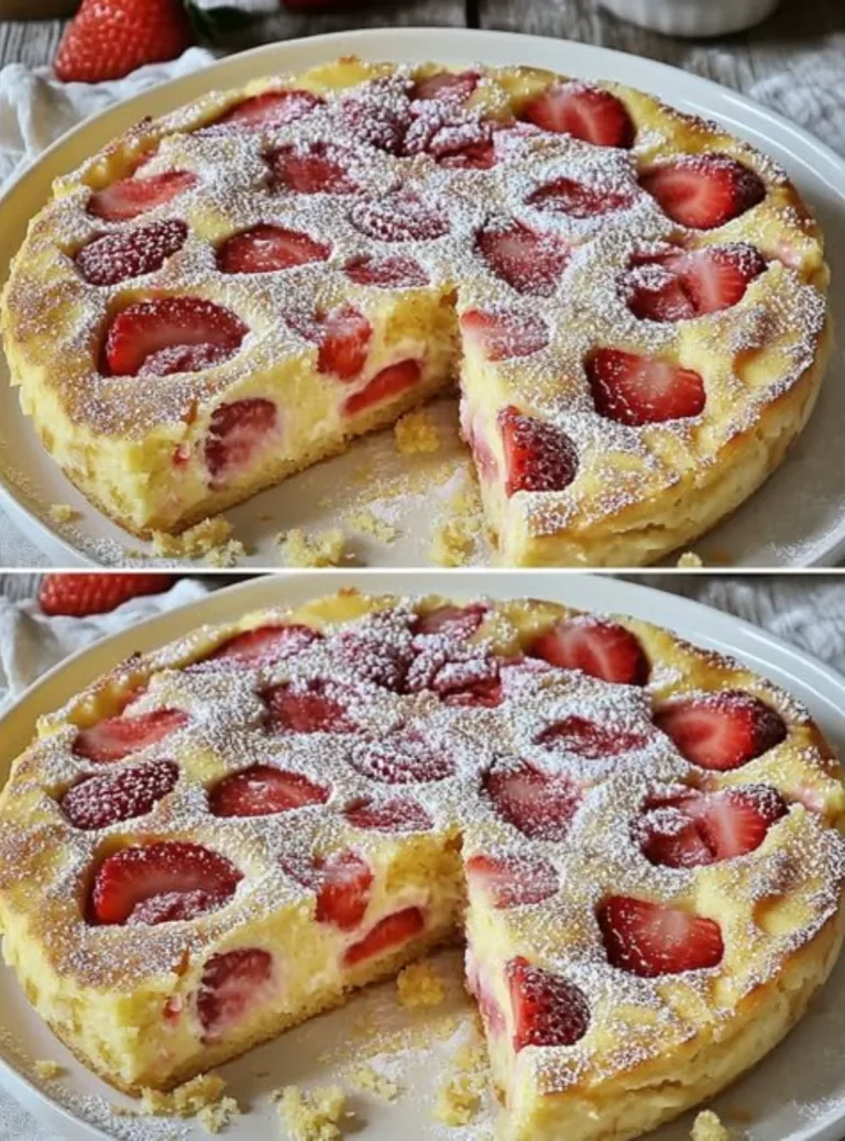Flourless Strawberry Ricotta Cake topped with fresh strawberries and a sprinkle of powdered sugar.