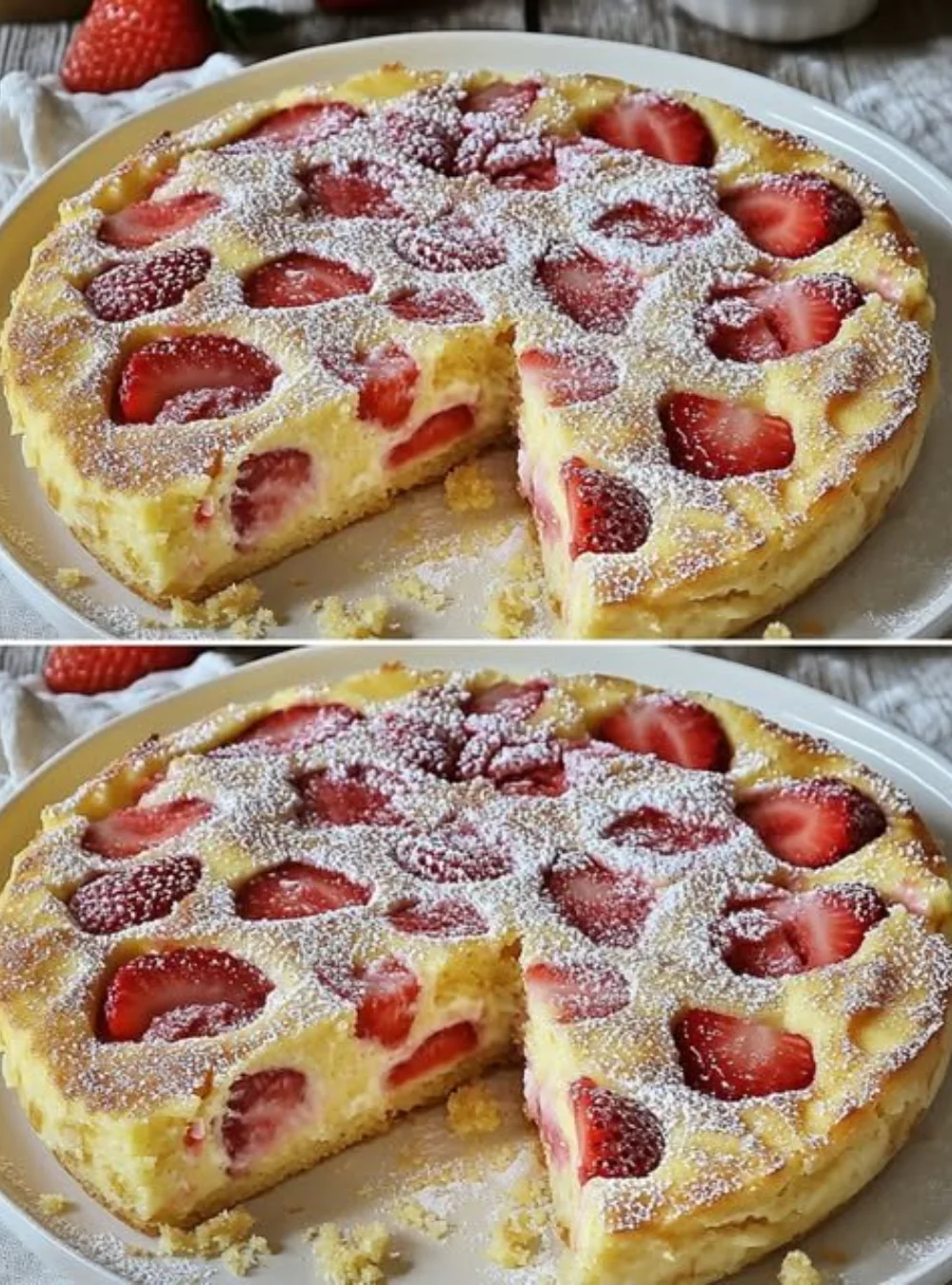 Flourless Strawberry Ricotta Cake topped with fresh strawberries and a sprinkle of powdered sugar.