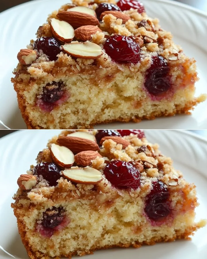 Delicious homemade coffee cake topped with streusel and served on a plate.