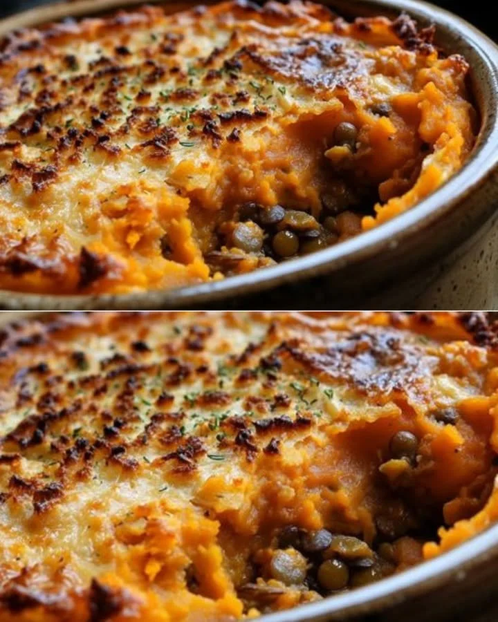 Delicious Lentil Sweet Potato Shepherd's Pie topped with creamy sweet potato mash
