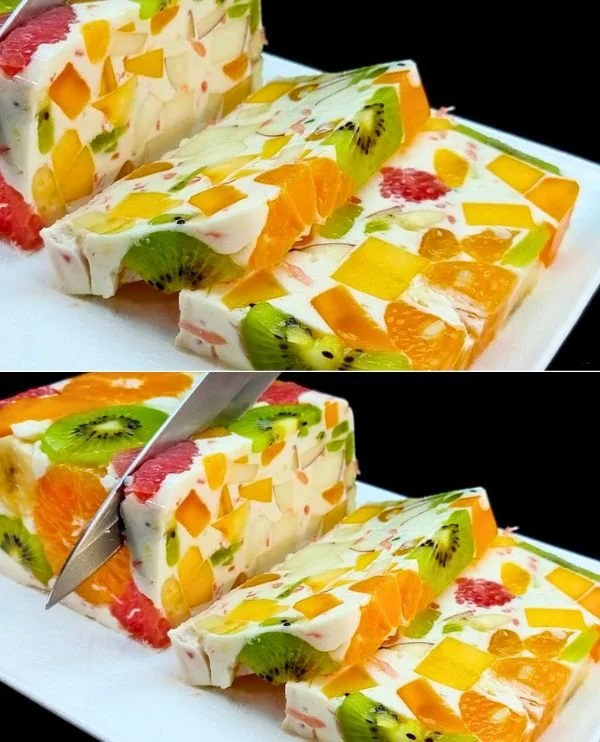 Quick milk and fruit no-gelatin dessert topped with fresh fruits