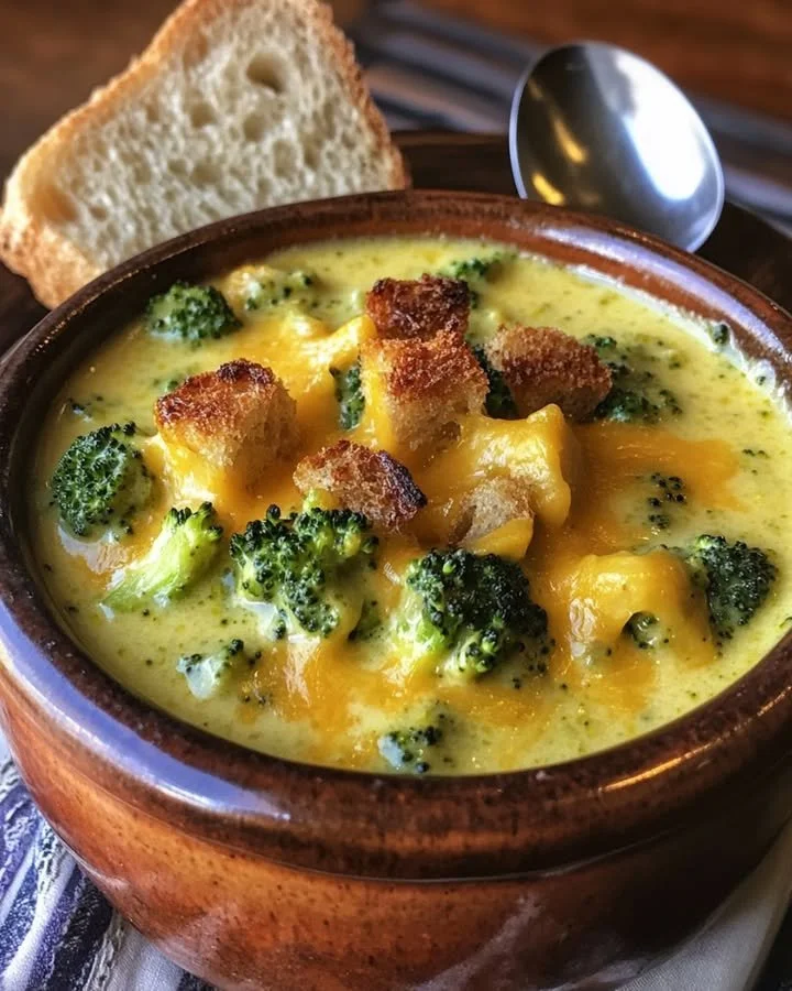 Creamy broccoli cheese soup in a bowl, garnished with cheese and broccoli florets.