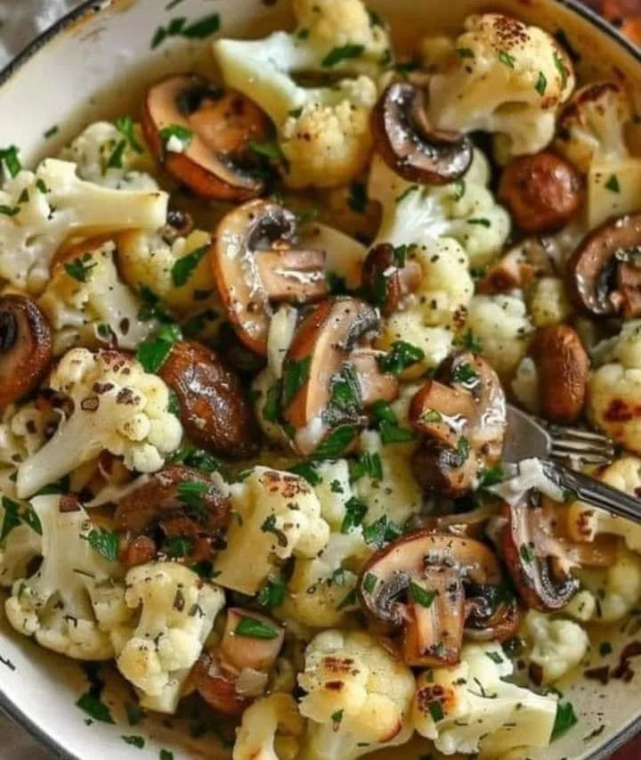 Pan-cooked cauliflower and mushrooms sautéed in garlic