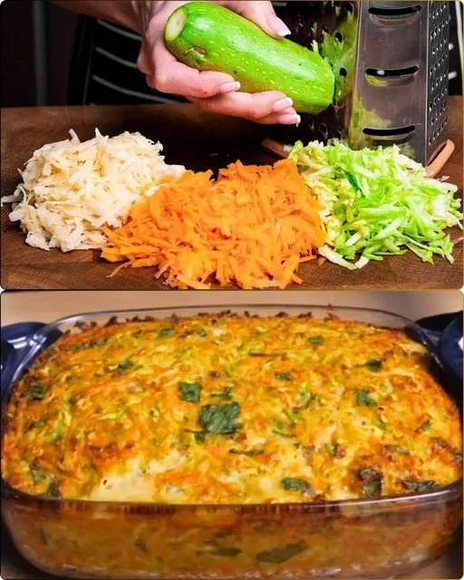 No-Fry Veggie Bake with colorful carrots, potatoes, and zucchini in a baking dish