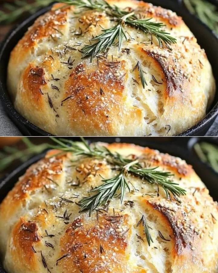 Homemade no-knead garlic bread with golden crust and aromatic herbs
