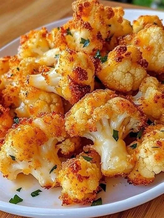 Delicious cheesy cauliflower crunch veggie snack on a plate.