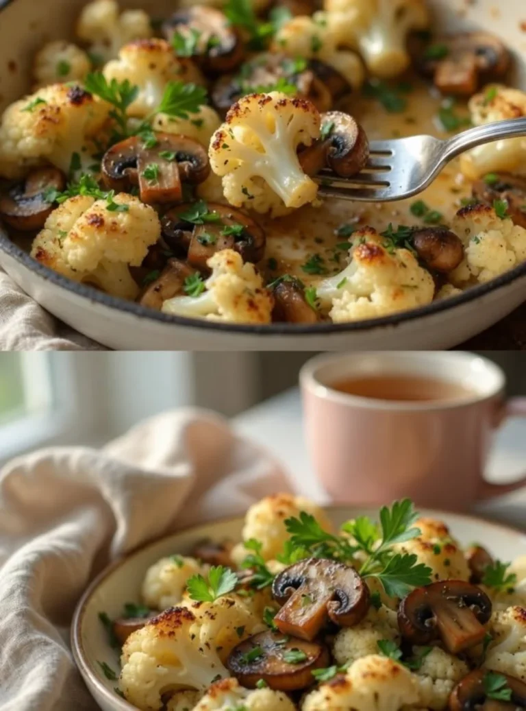 Pan-cooked cauliflower and mushrooms sautéed with garlic for a flavorful side dish.