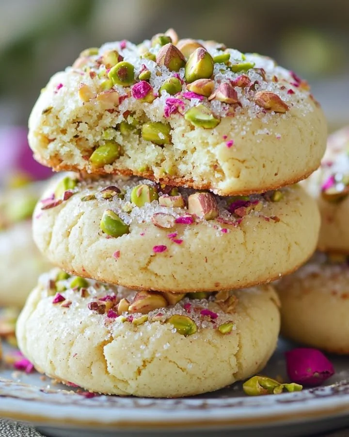Delicious Pistachio Rose Cookies on a platter, showcasing their unique flavor.