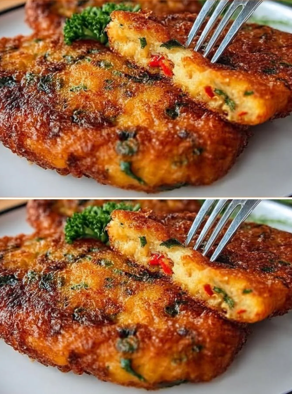 Crispy egg-free Potato Schnitzel served with fresh herbs and dipping sauce.