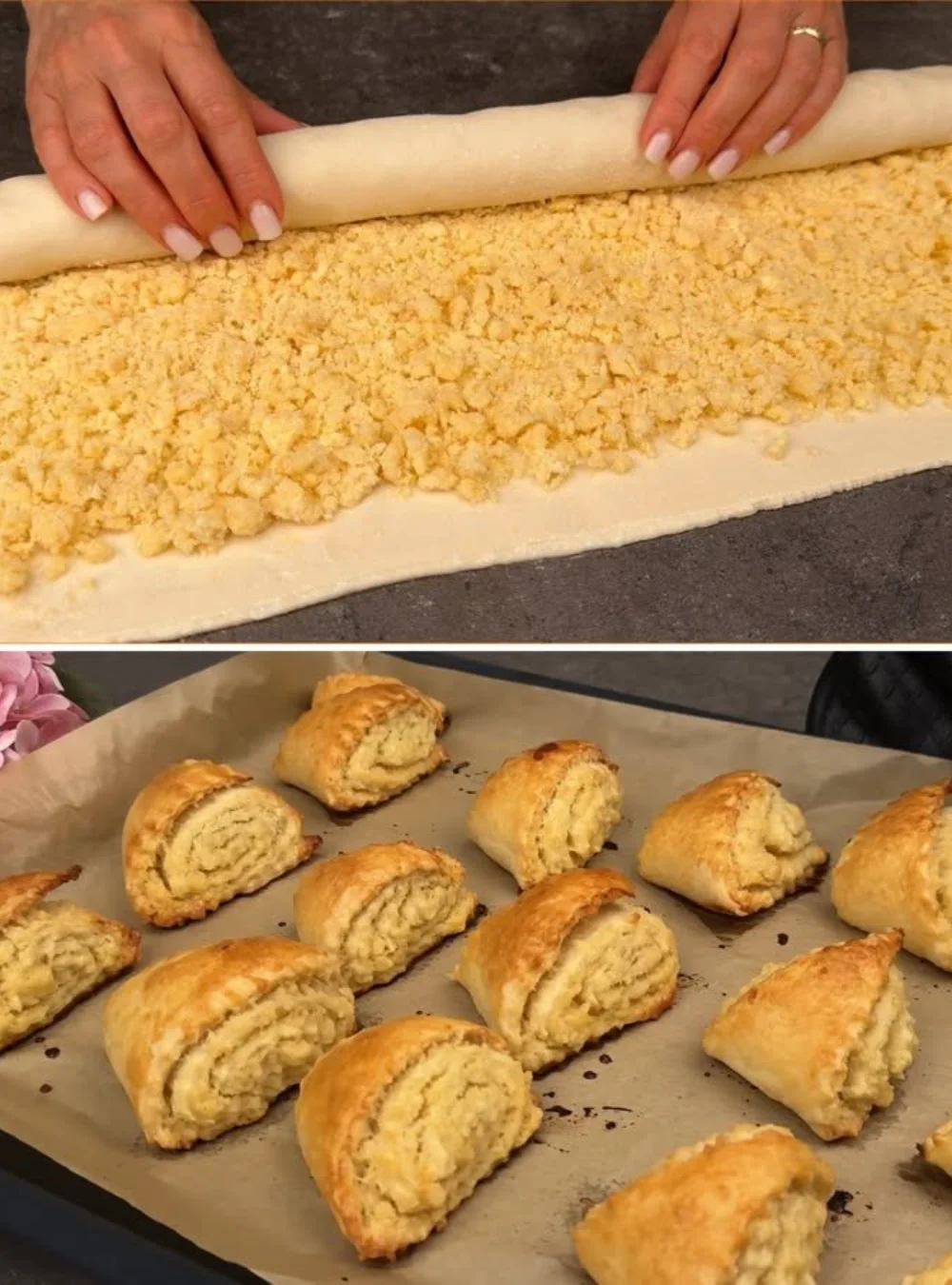 Quick puff pastry preparation method showcased in a kitchen setting.