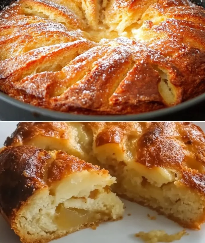 Quick apple cake made with four apples baking in the oven