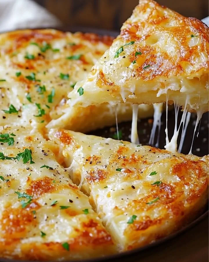 Delicious potato egg cheese dish garnished with parsley on a plate