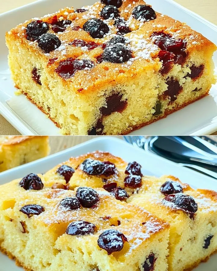 A slice of soft fruit cake topped with fresh berries and whipped cream