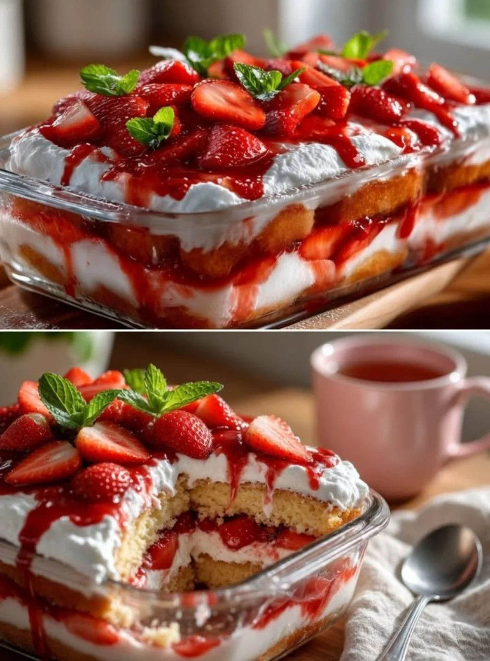 No-bake strawberry tiramisu dessert featuring fresh strawberries and creamy layers