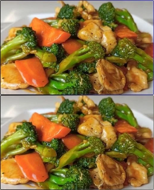 Stir-fry chicken with broccoli and carrots in a colorful bowl