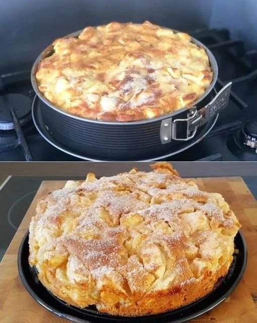 Delicious apple bake fresh out of the oven, topped with cinnamon and sugar.