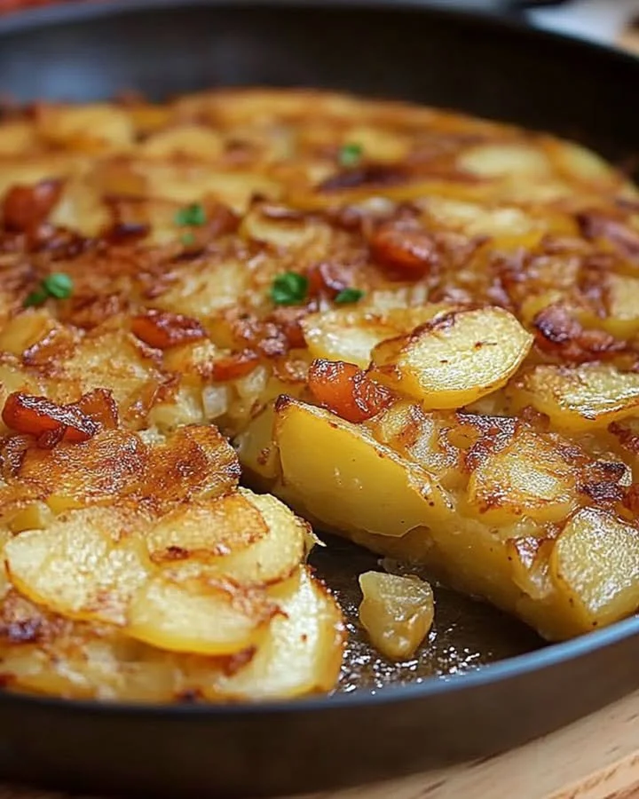 Delicious potato eggs recipe featuring three potatoes, two eggs, and onions.