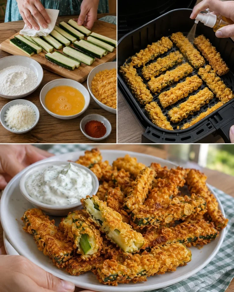 Air Fryer Crispy Zucchini Sticks served with dipping sauce