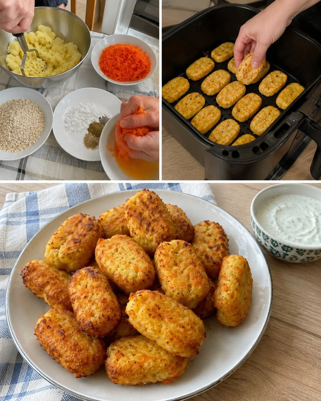 Crispy air fryer potato carrot nuggets served with a dipping sauce