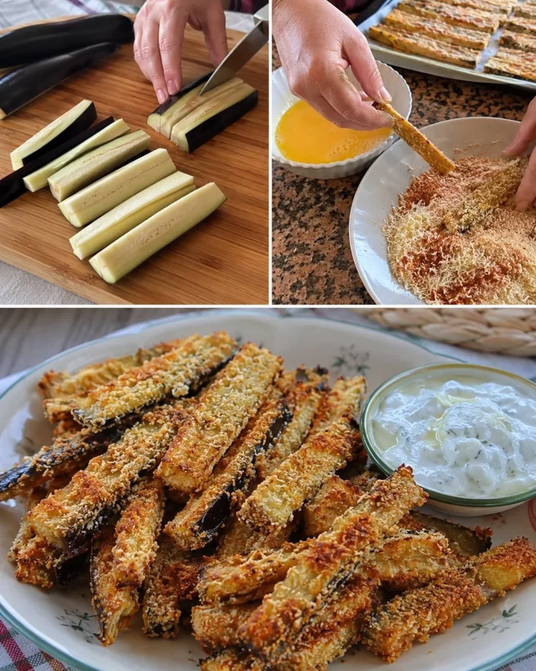 Golden-brown baked eggplant sticks served on a plate with a dipping sauce
