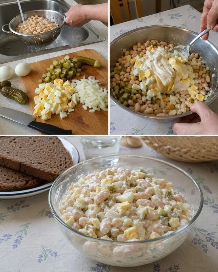 Bean salad with egg and cucumbers served in a bowl