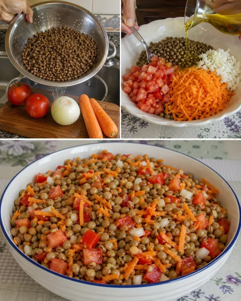 Colorful lentil salad with tomatoes and carrots served in a bowl