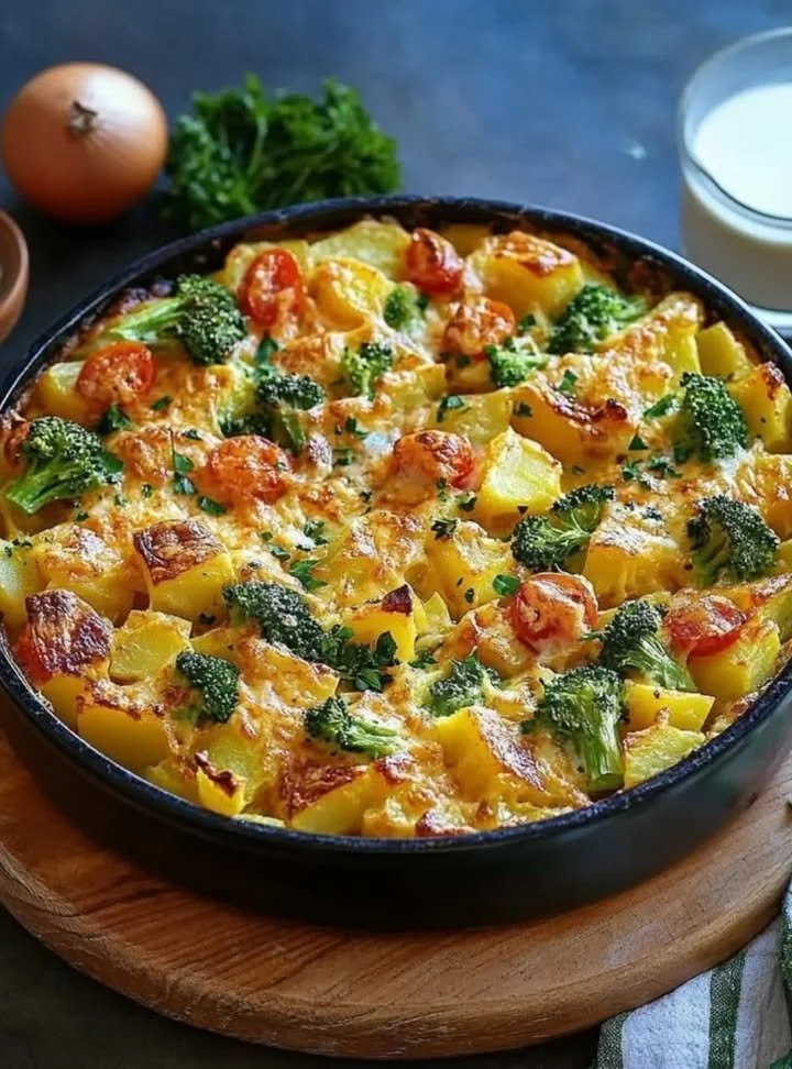 Cheesy potato and broccoli bake ready to serve in a baking dish