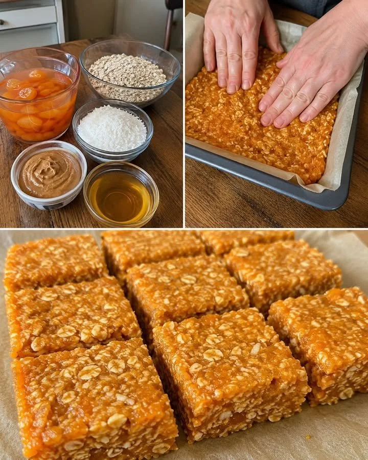 Chewy no-bake oat bars with apricot and toasted coconut on a wooden table