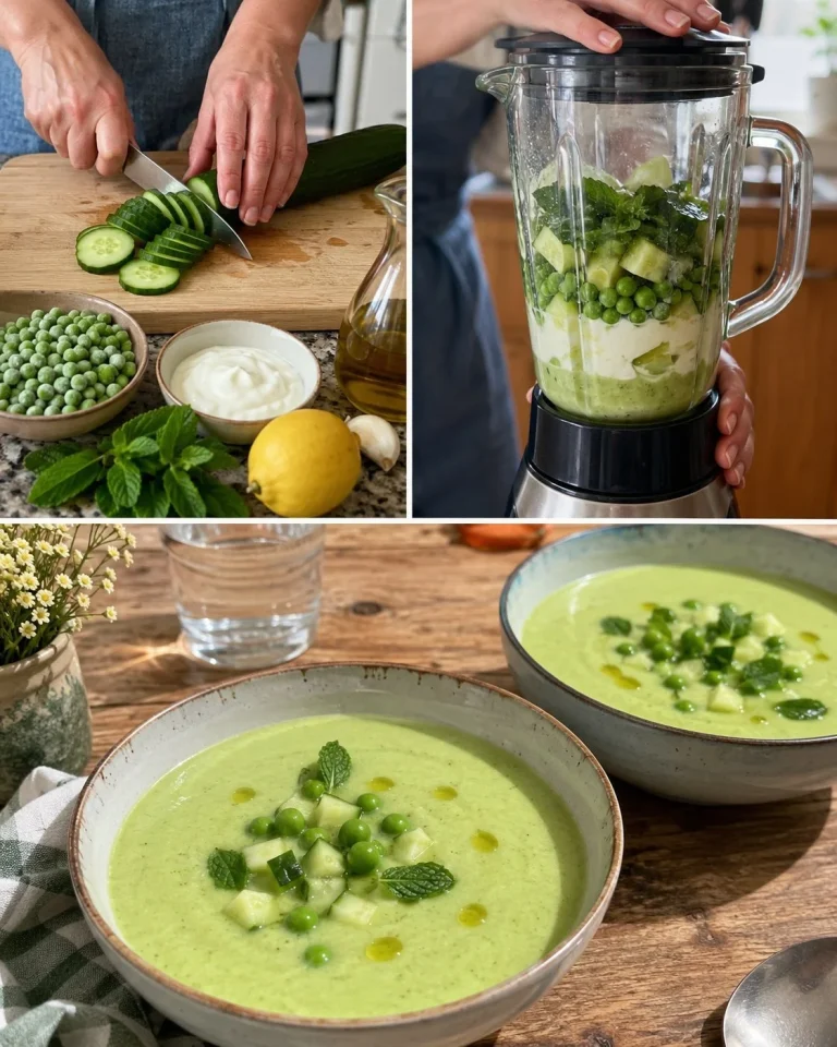 Chilled cucumber and pea soup with mint served in a bowl