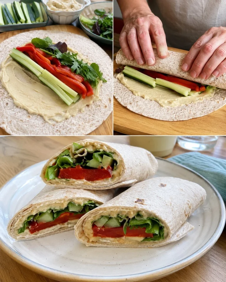 Cold hummus, cucumber, and roasted pepper wrap on a plate